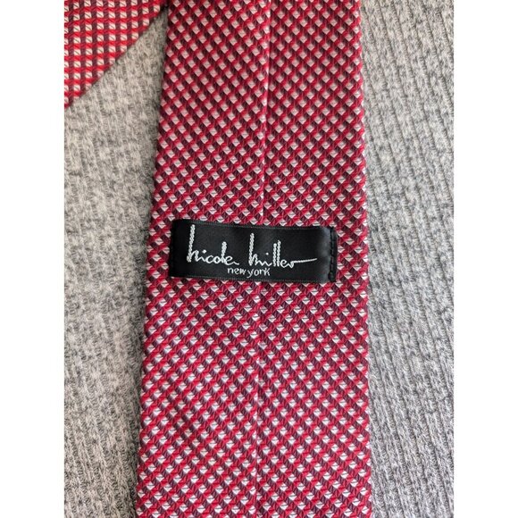 Nicole Miller Silk Tie, Red/White/Burgundy Geometric Square/Diamond Pattern - Picture 2 of 4